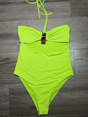 Zara Neon Green Cutout One Piece Swimsuit Size Small halter neck